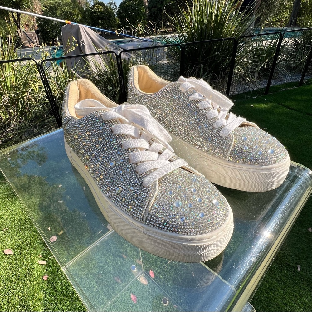 Betsey Johnson White Iridescent Crystal Platform Sneakers - Picture 4 of 7